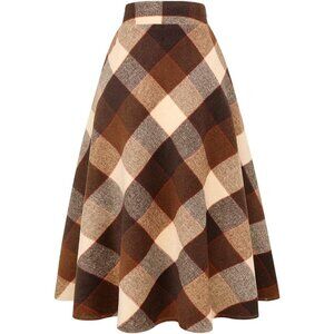 Womens Coffee 646 Elastic Waist A-Line Pleated Tartan Long Plaid Wool Skirt